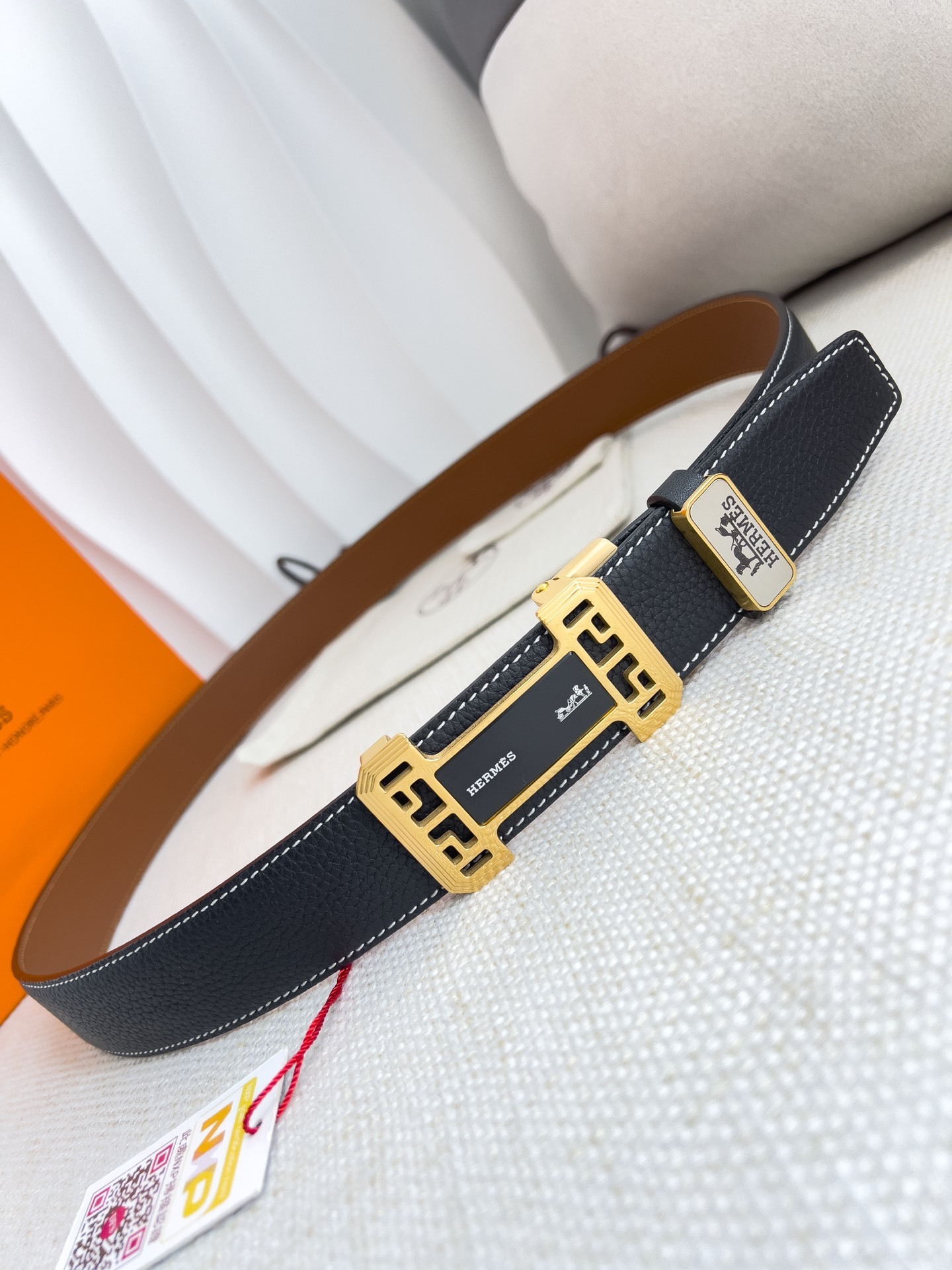 Hermès Men's Black Leather Belt with Ornate Gold-Tone H Buckle