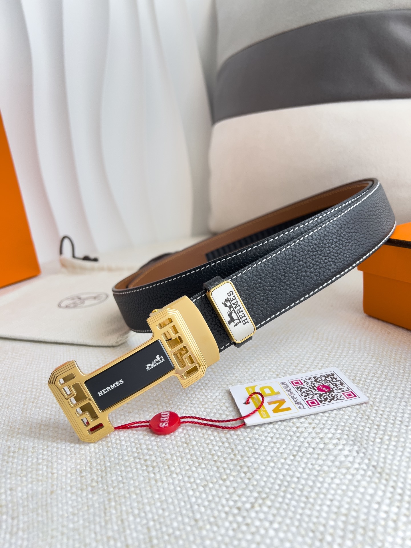 Hermès Men’s Black Leather Belt with Ornate Gold-Tone H Buckle