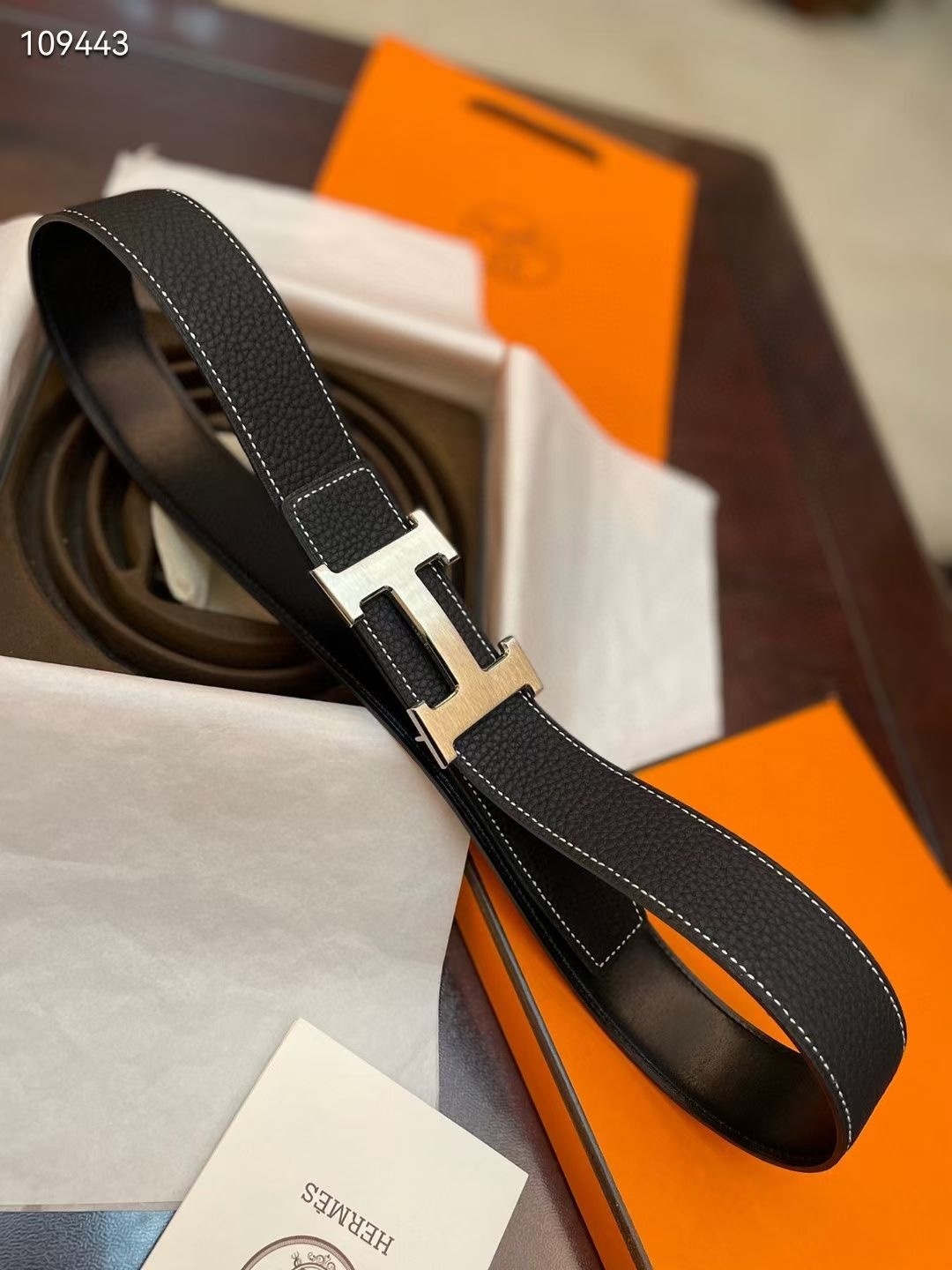 Hermès Men’s H Buckle Black Leather Belt with Contrast Stitching