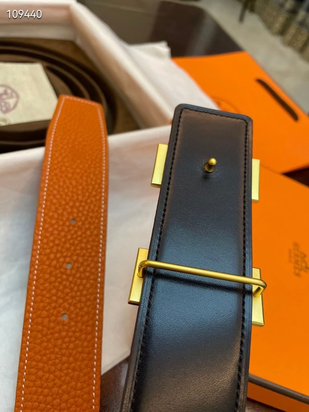 Iconic H Buckle Reversible Leather Belt - Orange & Black