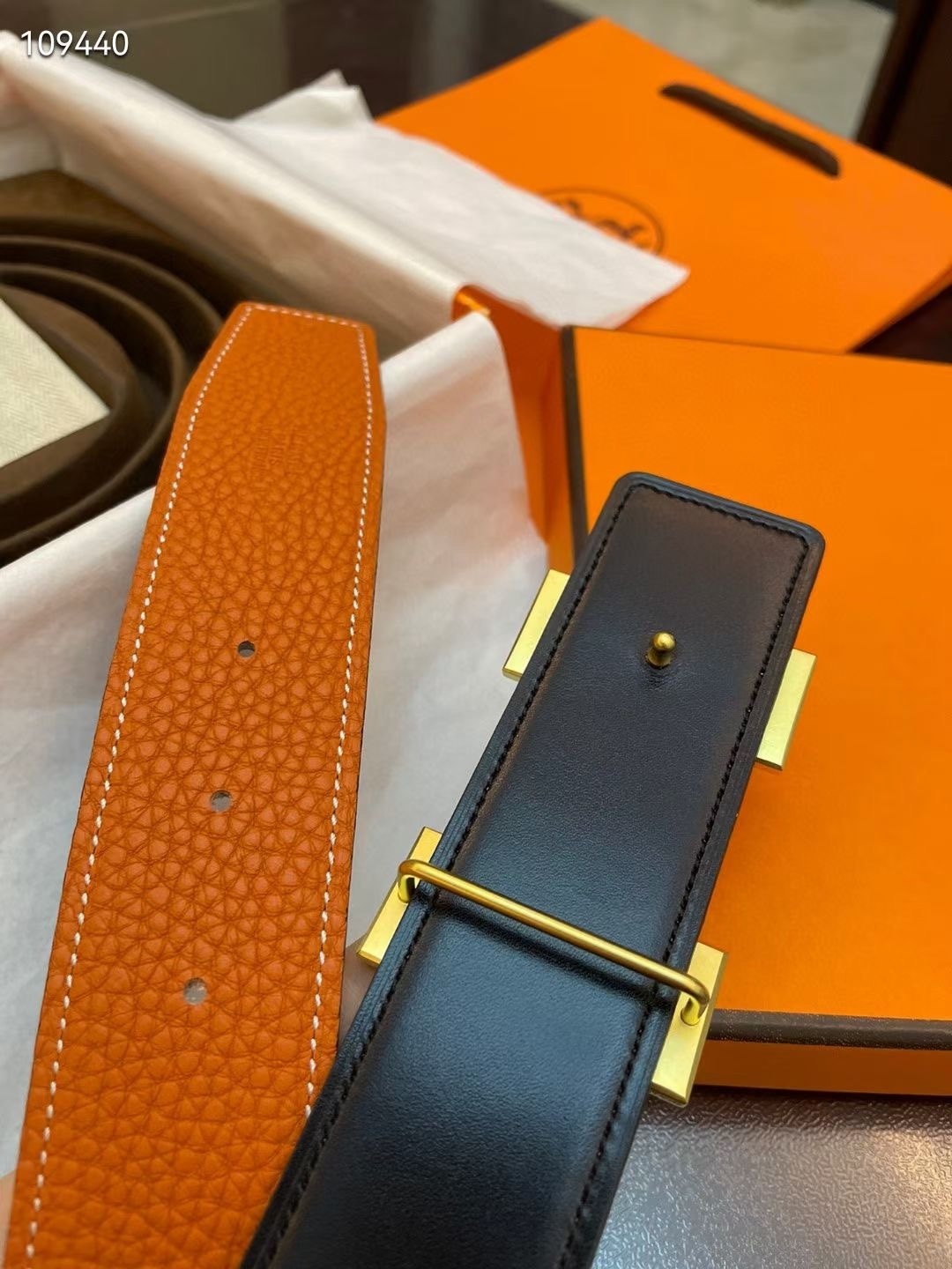 Iconic H Buckle Reversible Leather Belt - Orange & Black