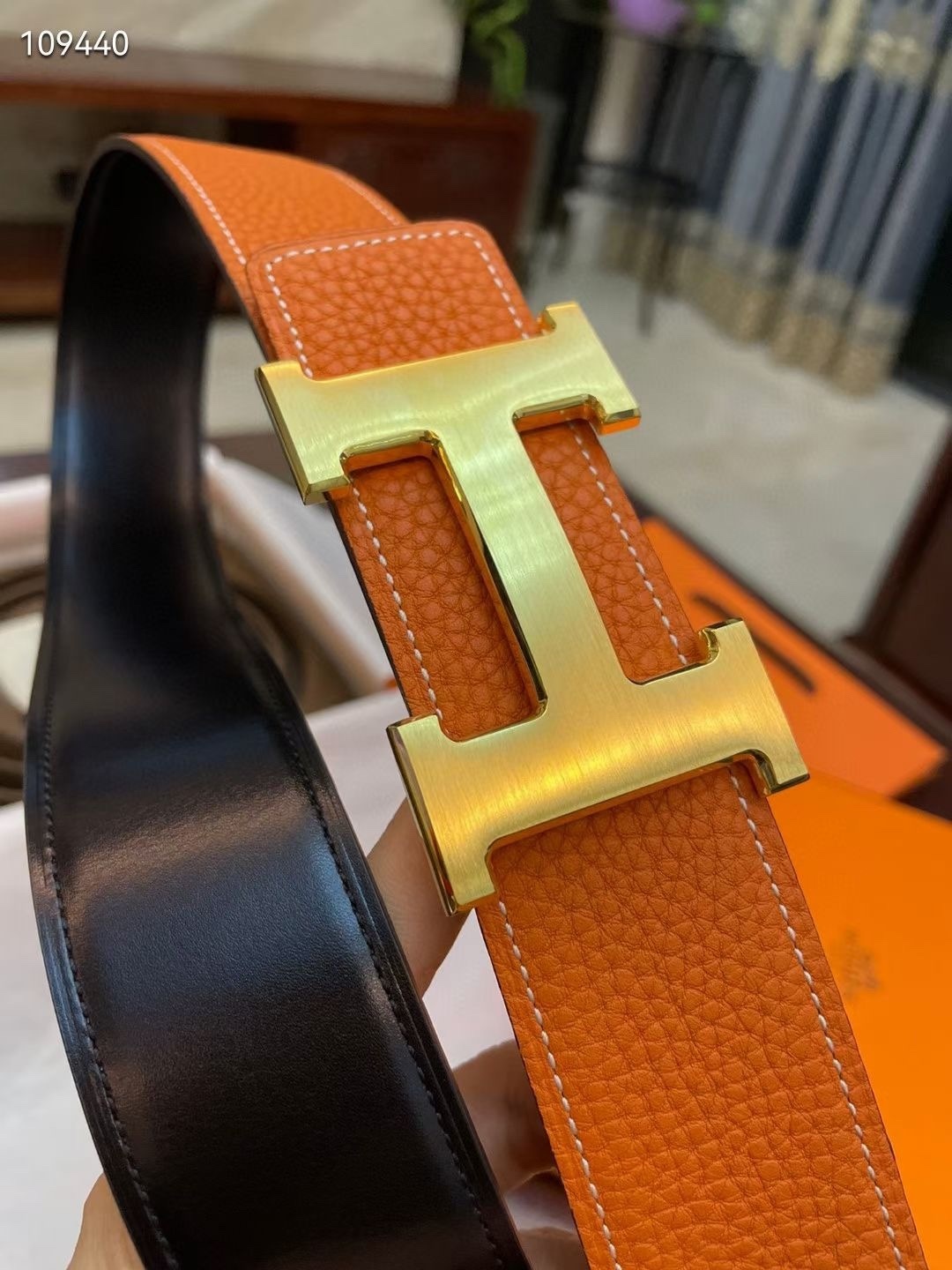 Iconic H Buckle Reversible Leather Belt - Orange & Black