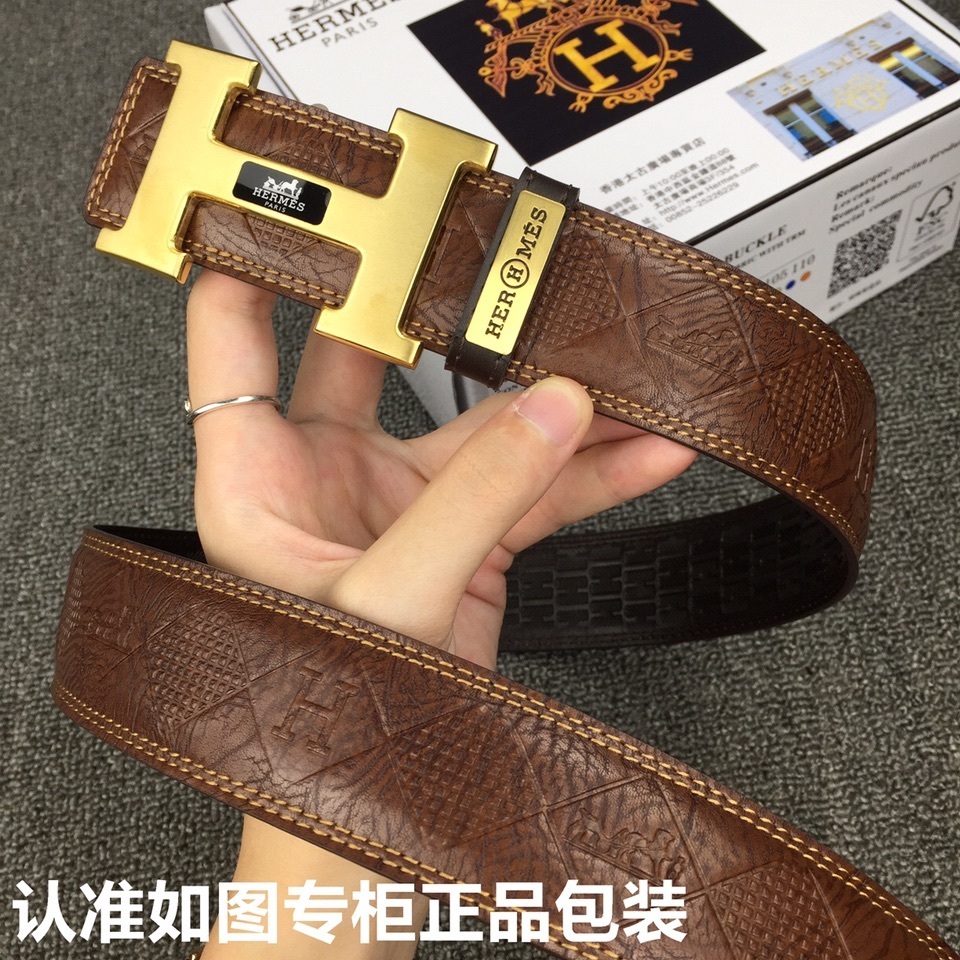 Luxury Men's Brown Leather Belt with Gold H Buckle - Premium Design