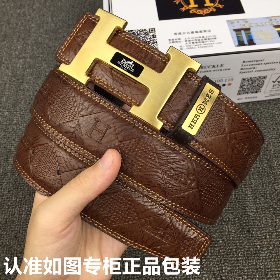 Luxury Men’s Brown Leather Belt with Gold H Buckle – Premium Design