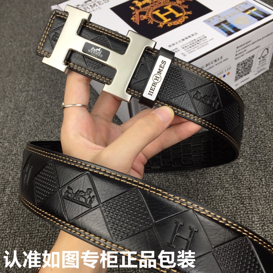 Luxury Men's Embossed Black Leather Belt with Silver H Buckle