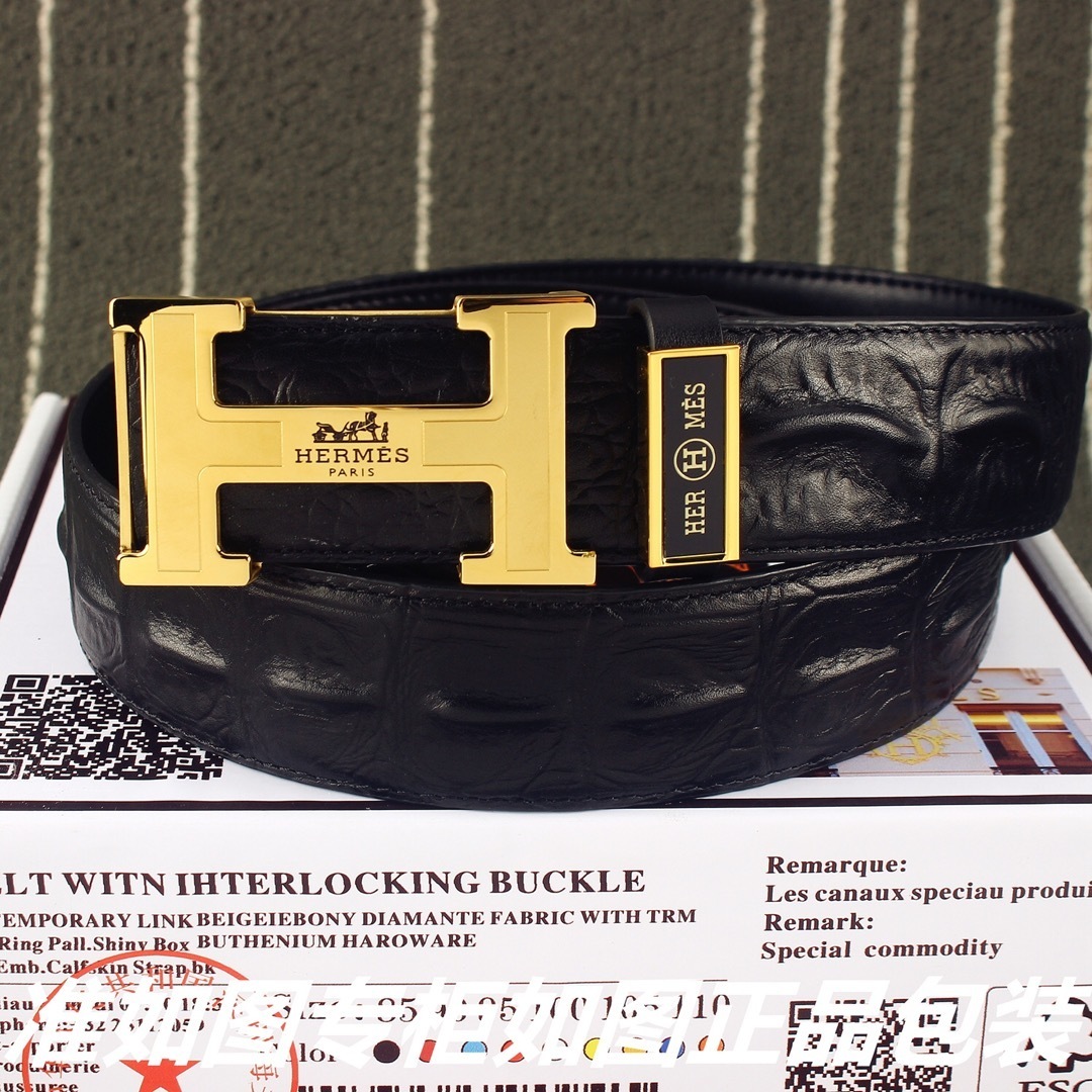 Luxury Hermes Men's Belt - Black Alligator Leather Gold H Buckle