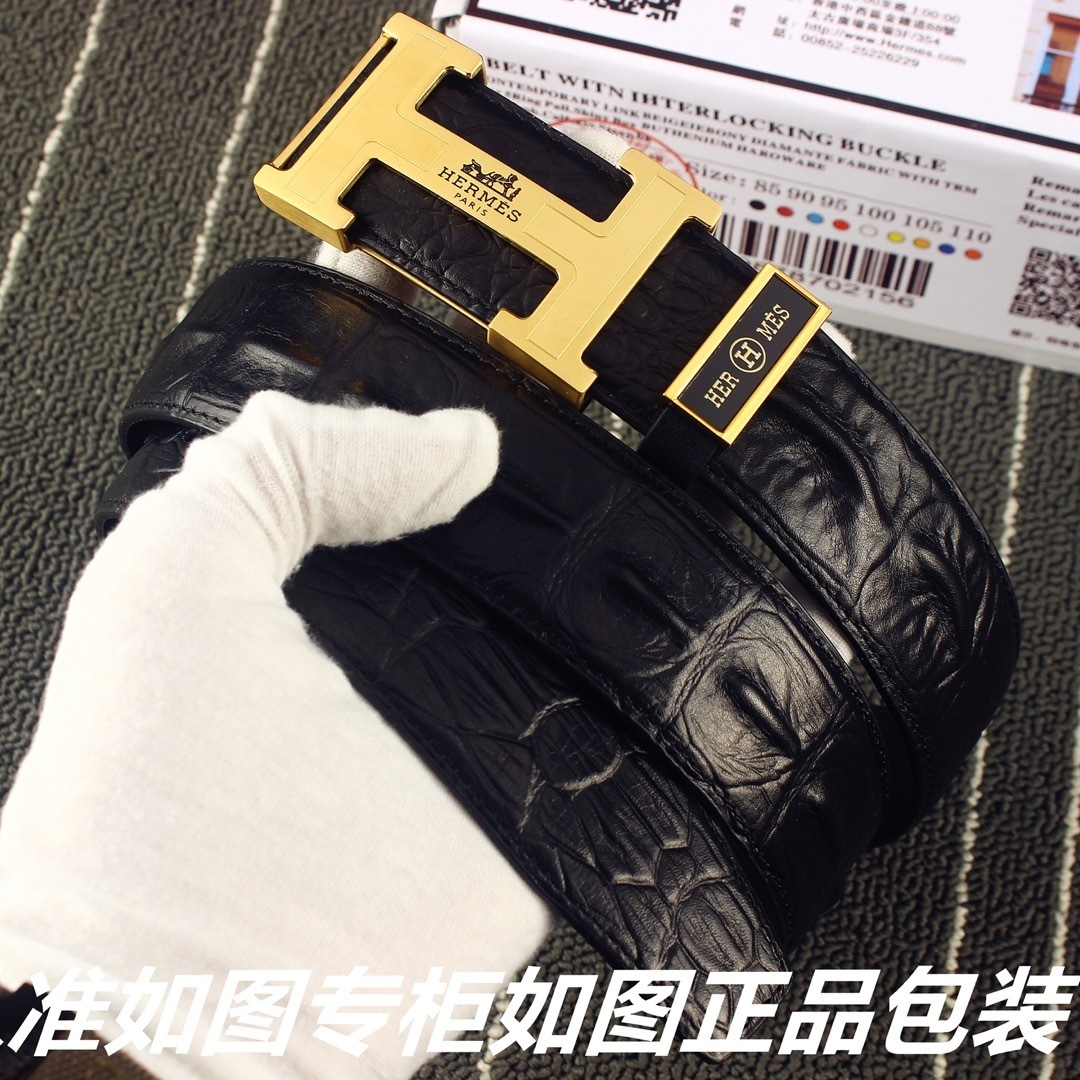 Luxury Hermes Men's Belt - Black Alligator Leather Gold H Buckle