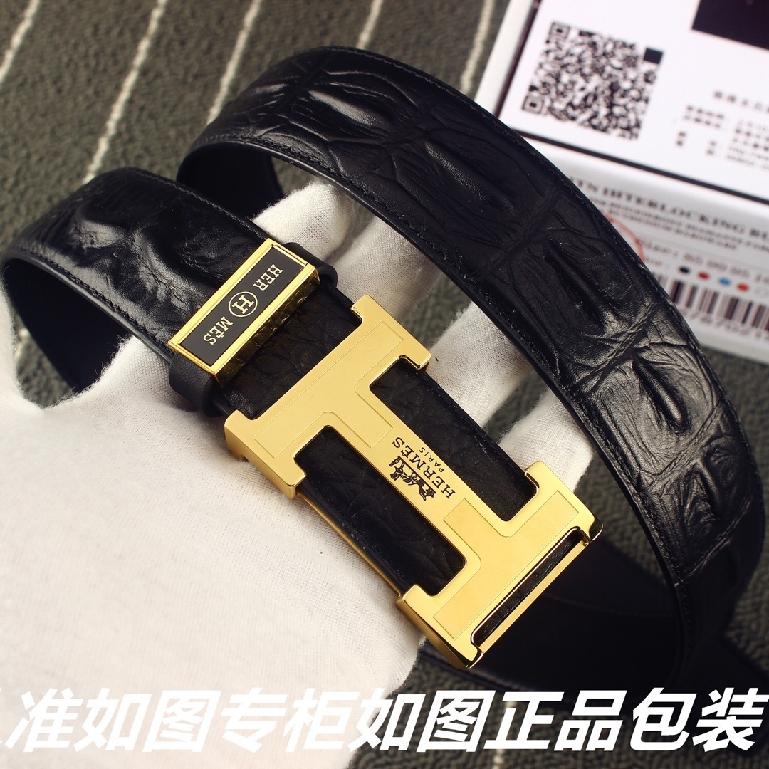 Luxury Hermes Men's Belt - Black Alligator Leather Gold H Buckle