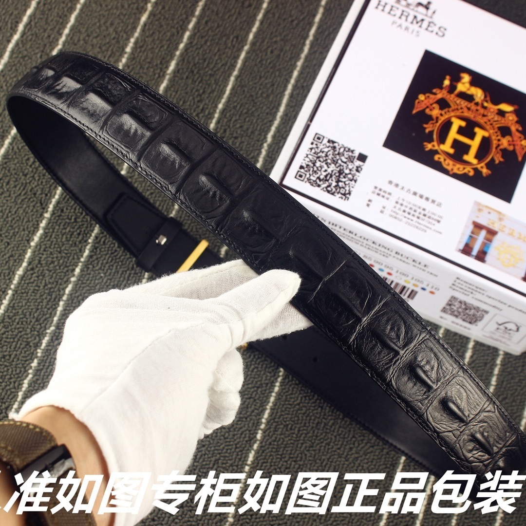 Hermès Black Crocodile Leather Belt with Silver H Buckle for Men