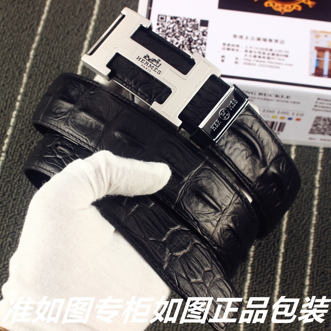 Hermès Black Crocodile Leather Belt with Silver H Buckle for Men