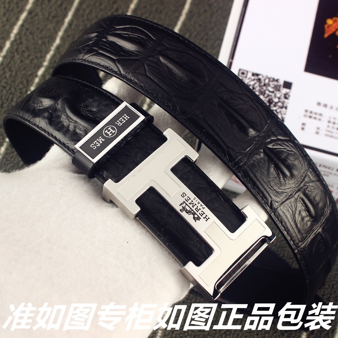 Hermès Black Crocodile Leather Belt with Silver H Buckle for Men