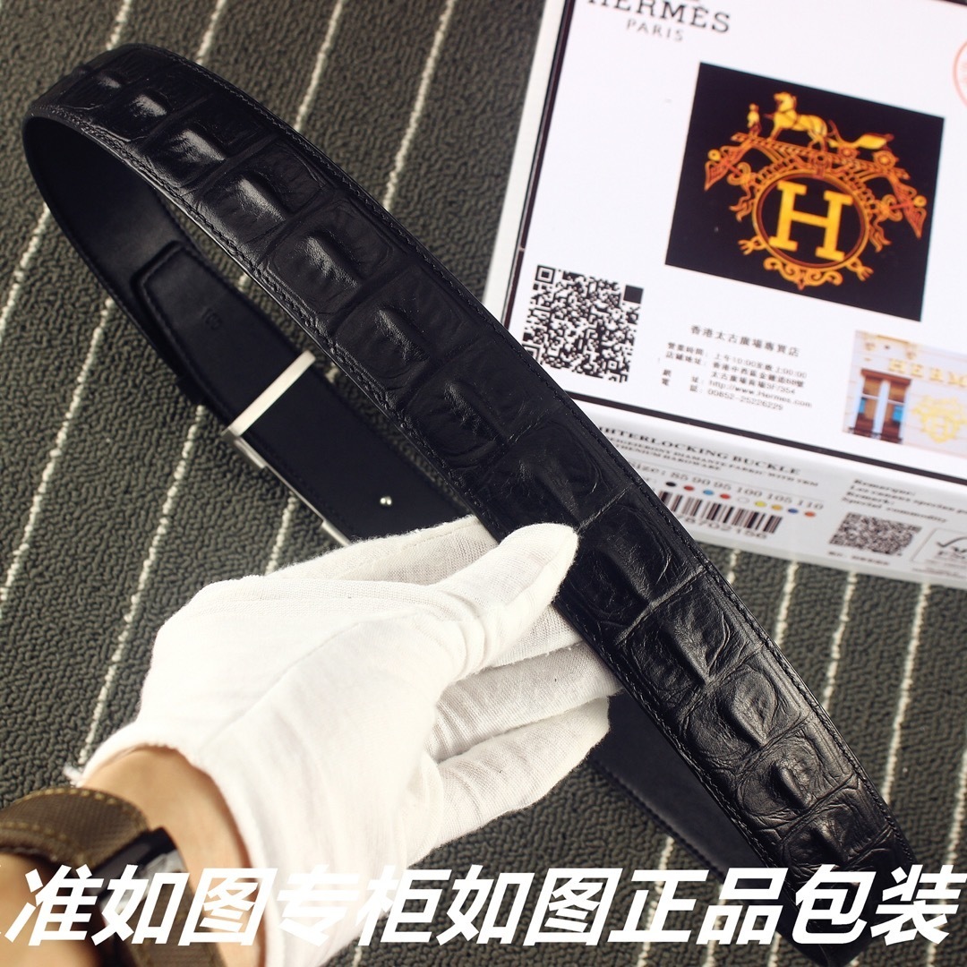 Hermès Black Crocodile Leather Belt with Silver H Buckle for Men