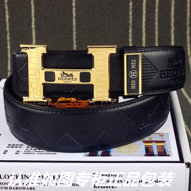 Premium Men’s Black Leather Belt with Gold H Buckle – Luxury Style