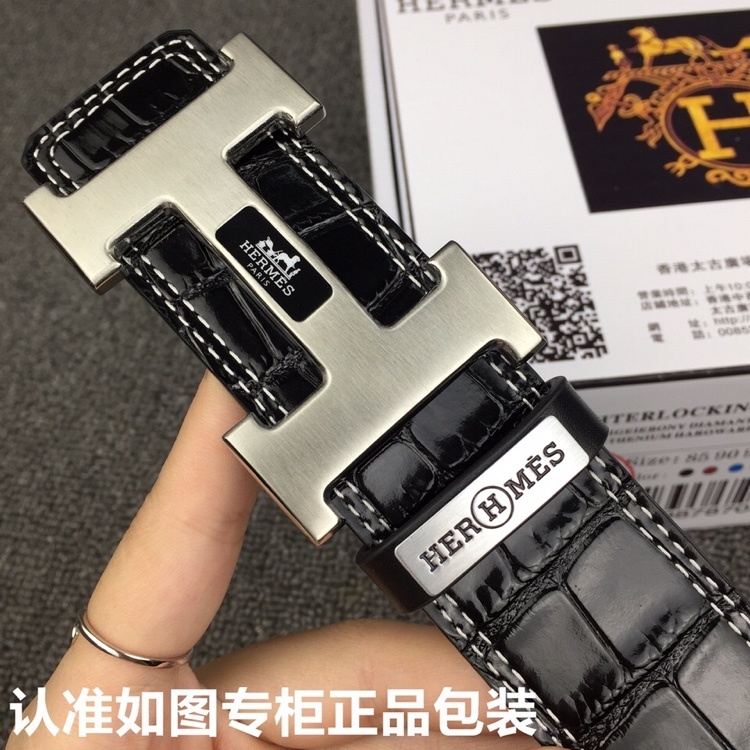 Hermes Men's Luxury Black Crocodile Leather Belt with H Buckle