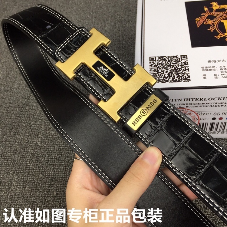 Hermes Men's Luxury Black Crocodile Leather Belt Gold H Buckle
