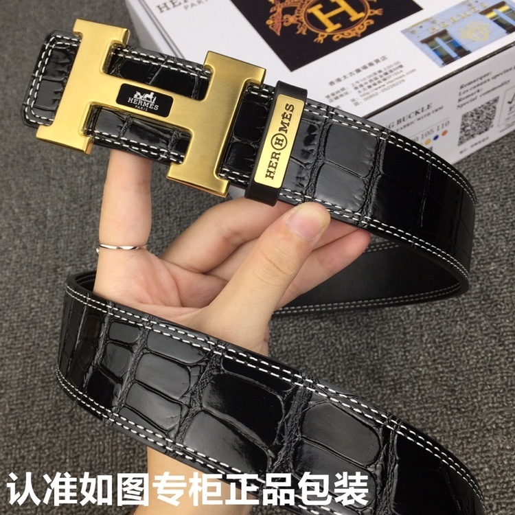 Hermes Men's Luxury Black Crocodile Leather Belt Gold H Buckle