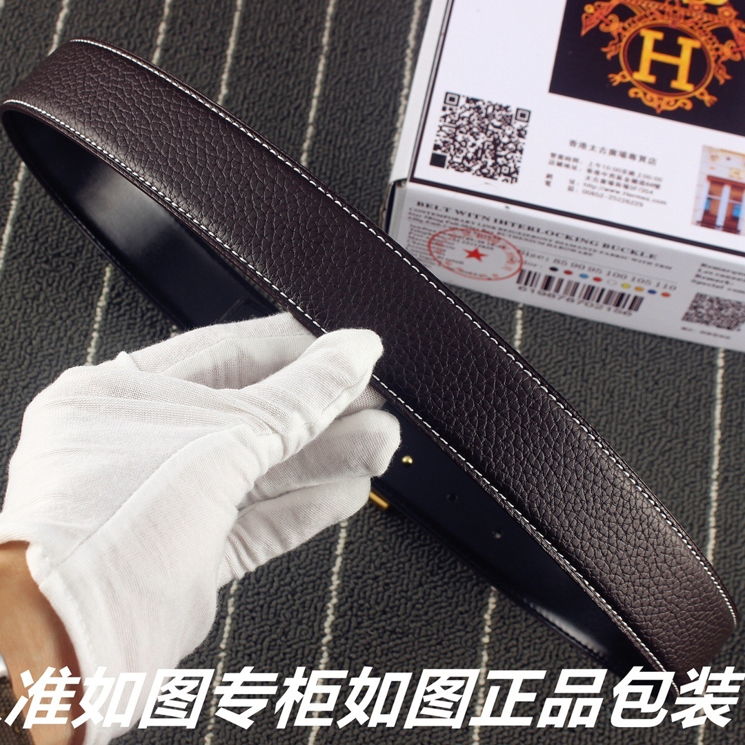 Luxury Men's Hermes Style Engraved Gold H Buckle Leather Belt