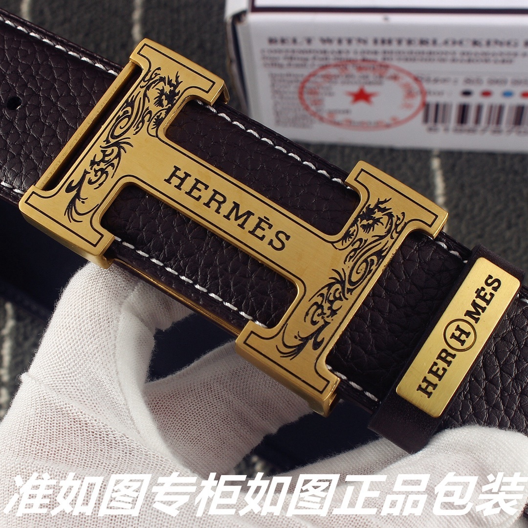 Luxury Men's Hermes Style Engraved Gold H Buckle Leather Belt
