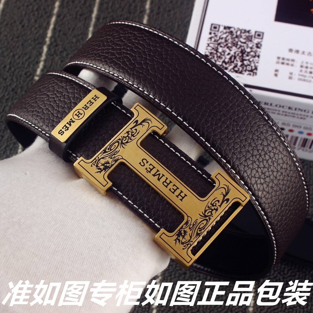 Luxury Men's Hermes Style Engraved Gold H Buckle Leather Belt