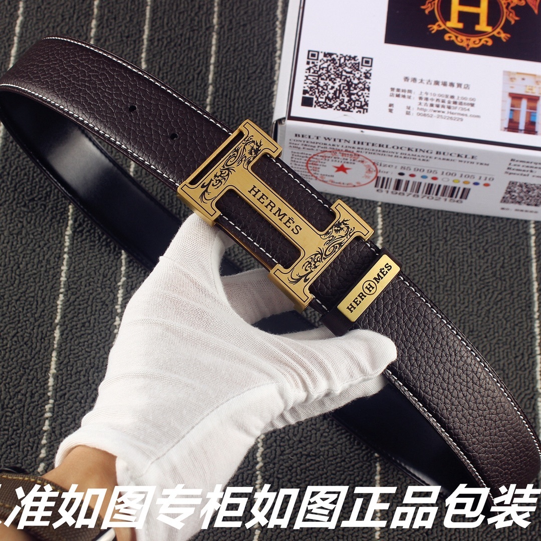 Luxury Men's Hermes Style Engraved Gold H Buckle Leather Belt