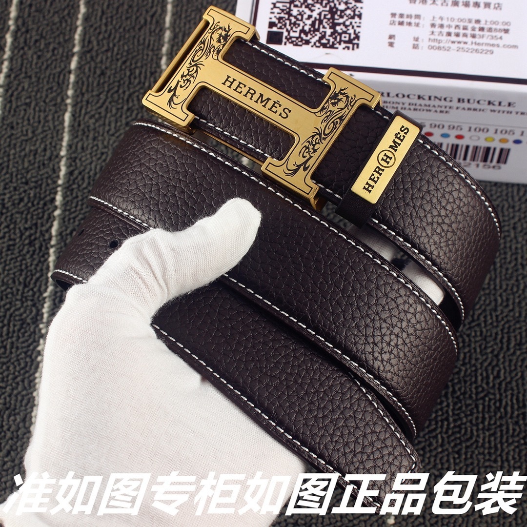 Luxury Men's Hermes Style Engraved Gold H Buckle Leather Belt