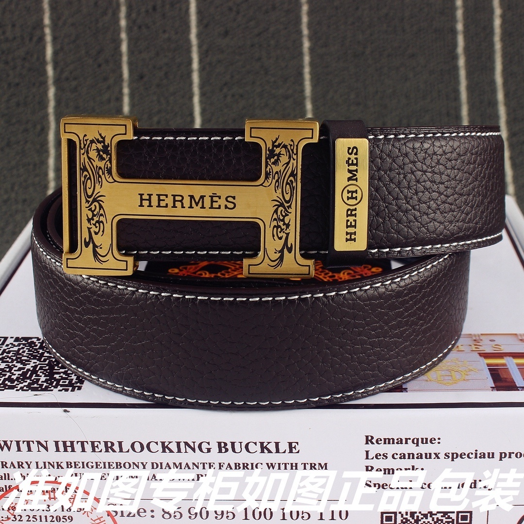 Luxury Men’s Hermes Style Engraved Gold H Buckle Leather Belt
