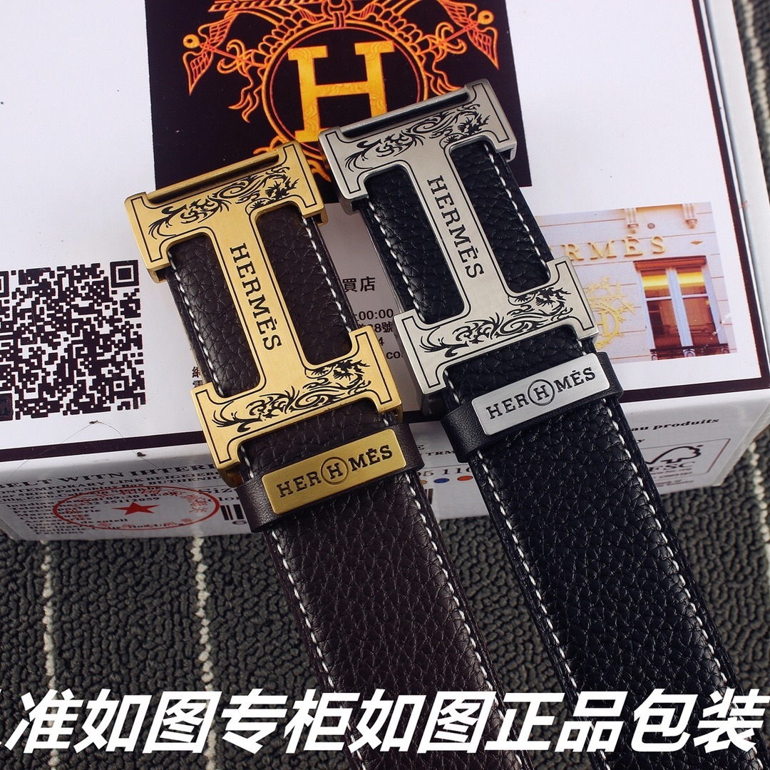 Luxury Men's Hermès Black Leather Belt with Engraved H Buckle