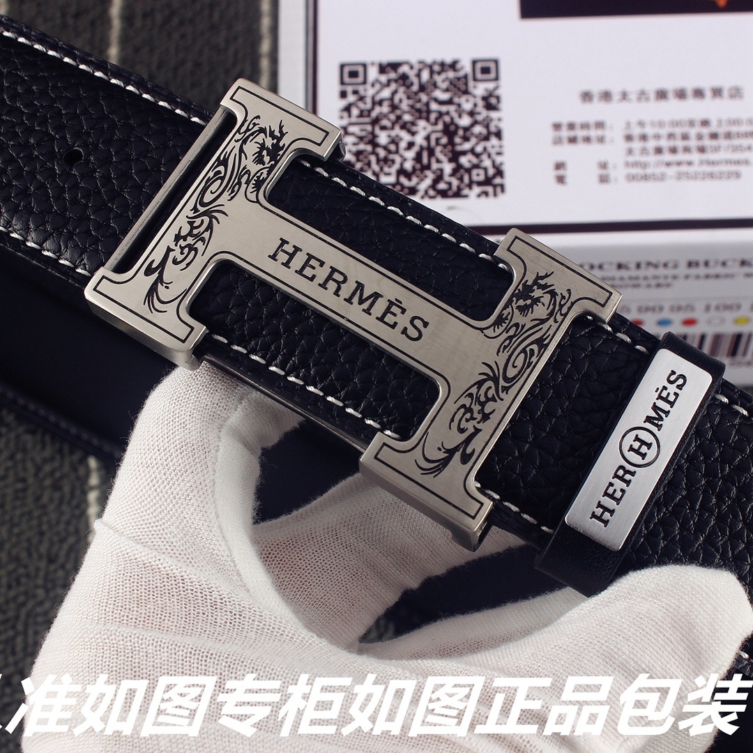 Luxury Men's Hermès Black Leather Belt with Engraved H Buckle