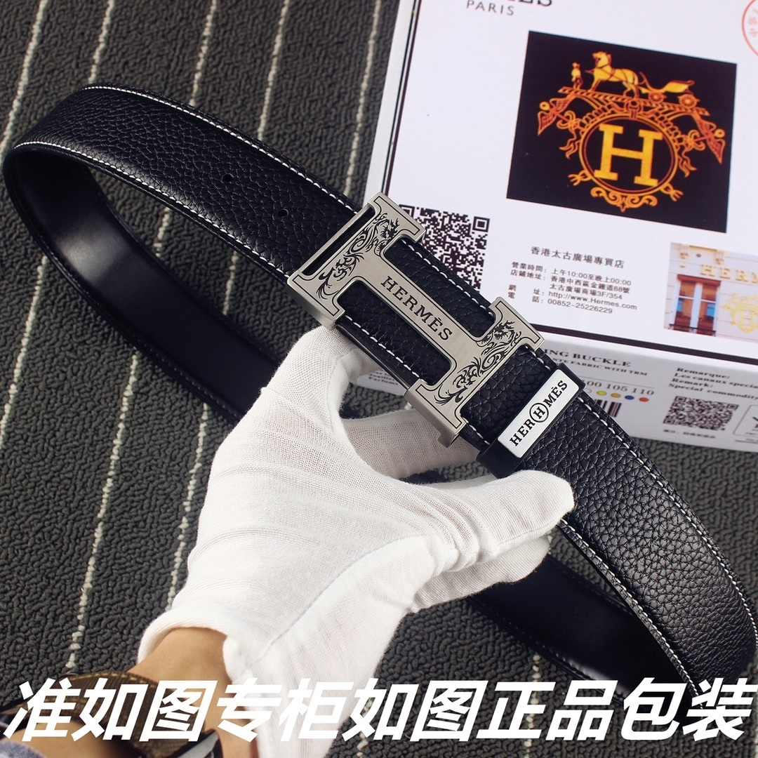 Luxury Men's Hermès Black Leather Belt with Engraved H Buckle