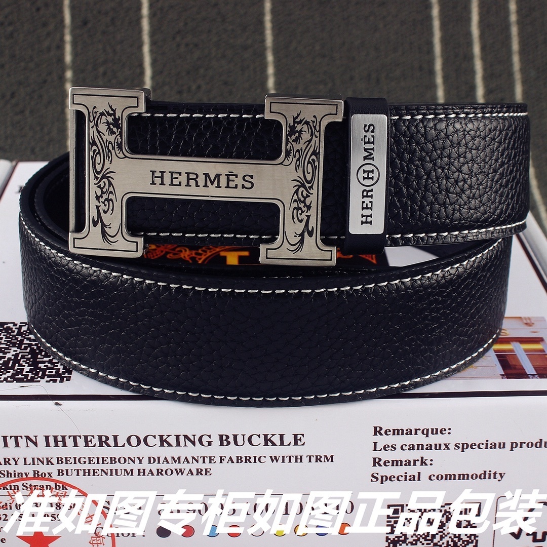 Luxury Men’s Hermès Black Leather Belt with Engraved H Buckle