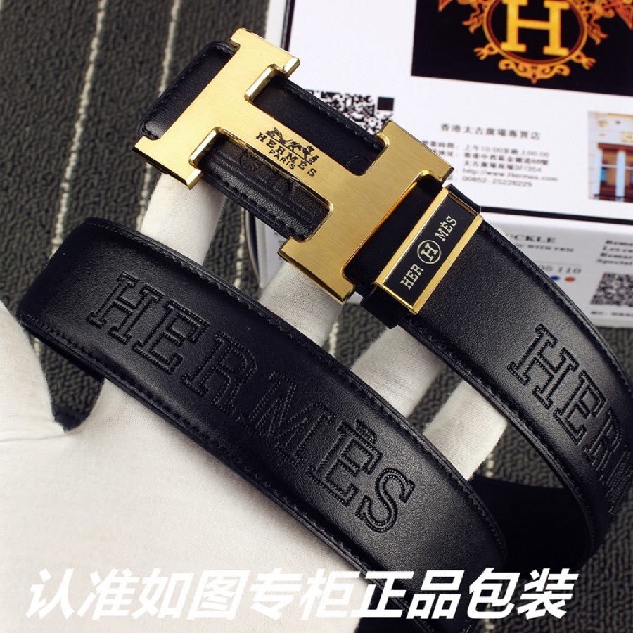 Luxury Hermes Men's Black Embossed Leather Belt - Gold H Buckle