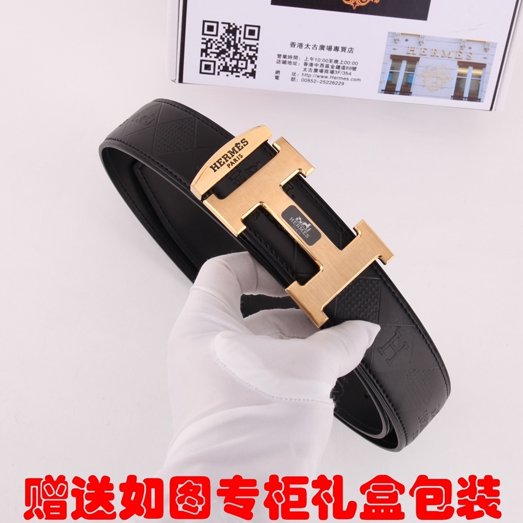 Hermès H Buckle Premium Leather Men's Belt - Black & Gold