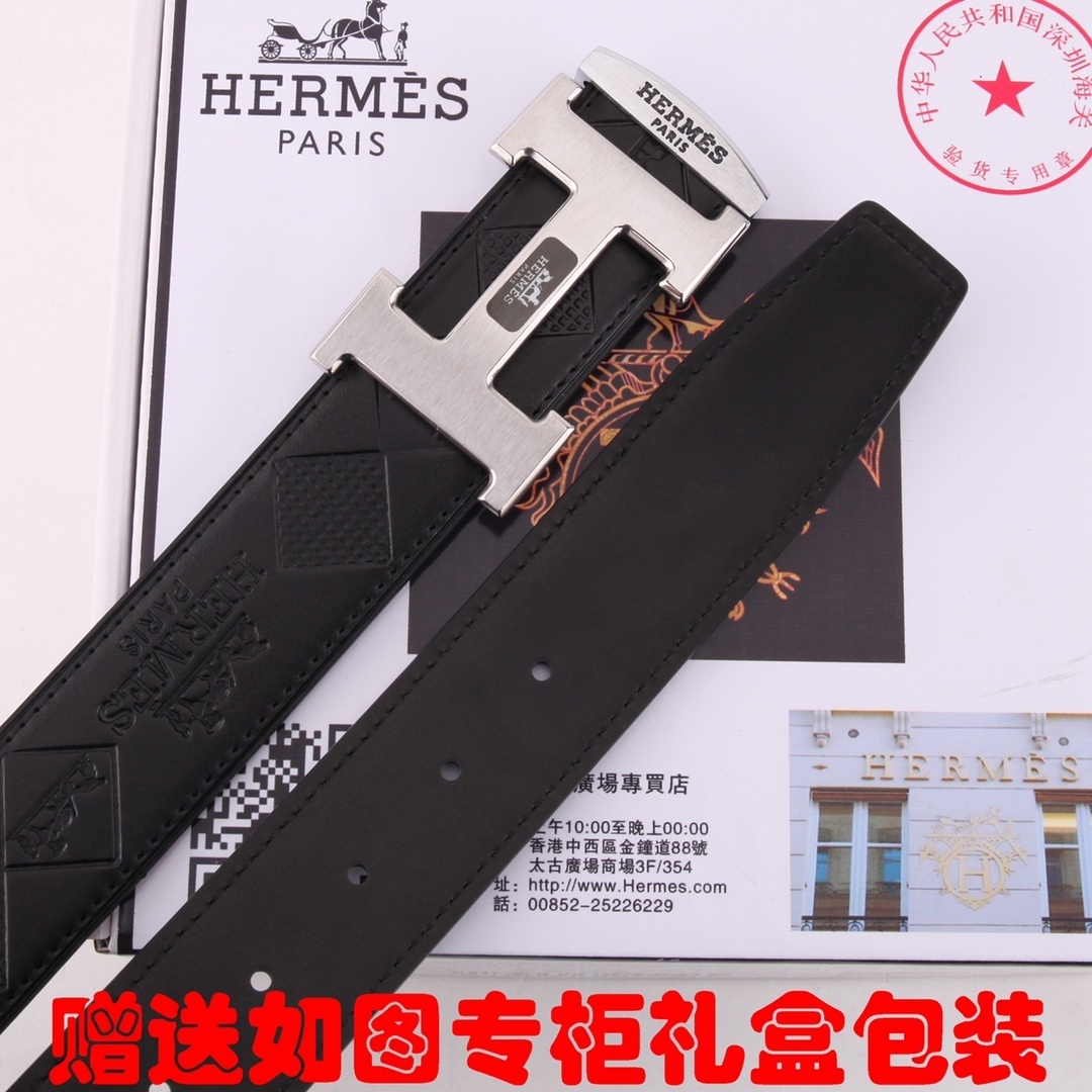 Hermes Men's Black Embossed Leather Belt with Silver H Buckle