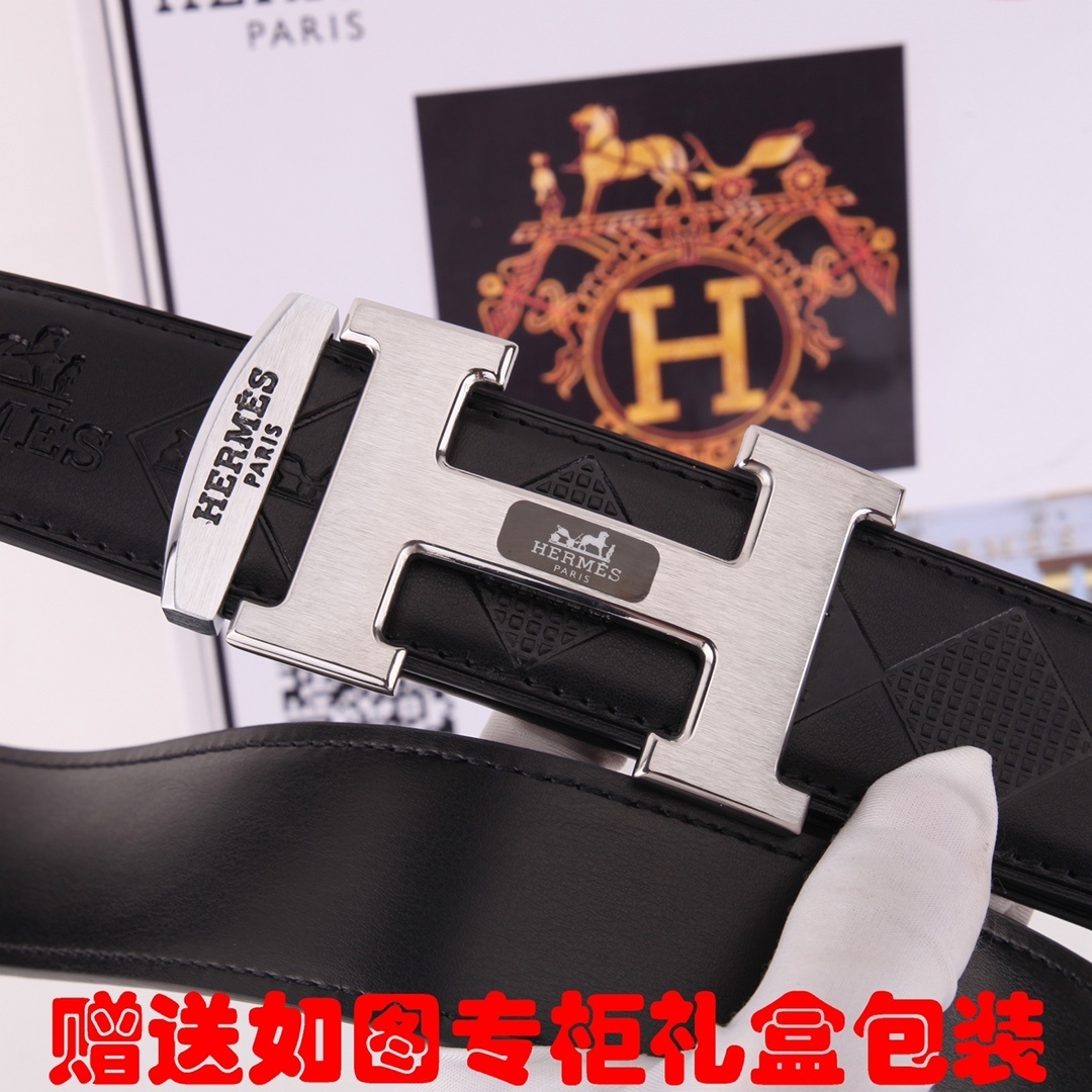Hermes Men's Black Embossed Leather Belt with Silver H Buckle