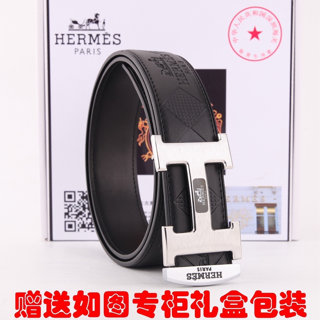 Hermes Men's Black Embossed Leather Belt with Silver H Buckle