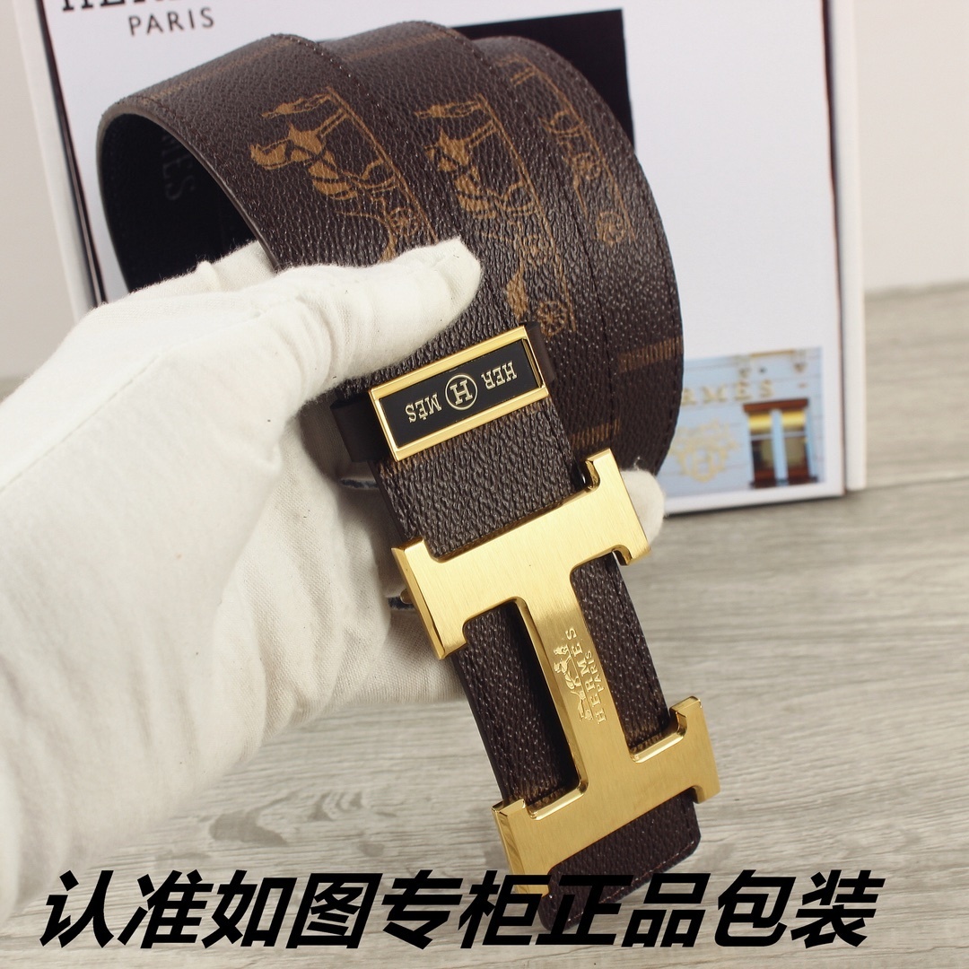 Hermes Men's Designer Belt - Brown Leather with Gold H Buckle