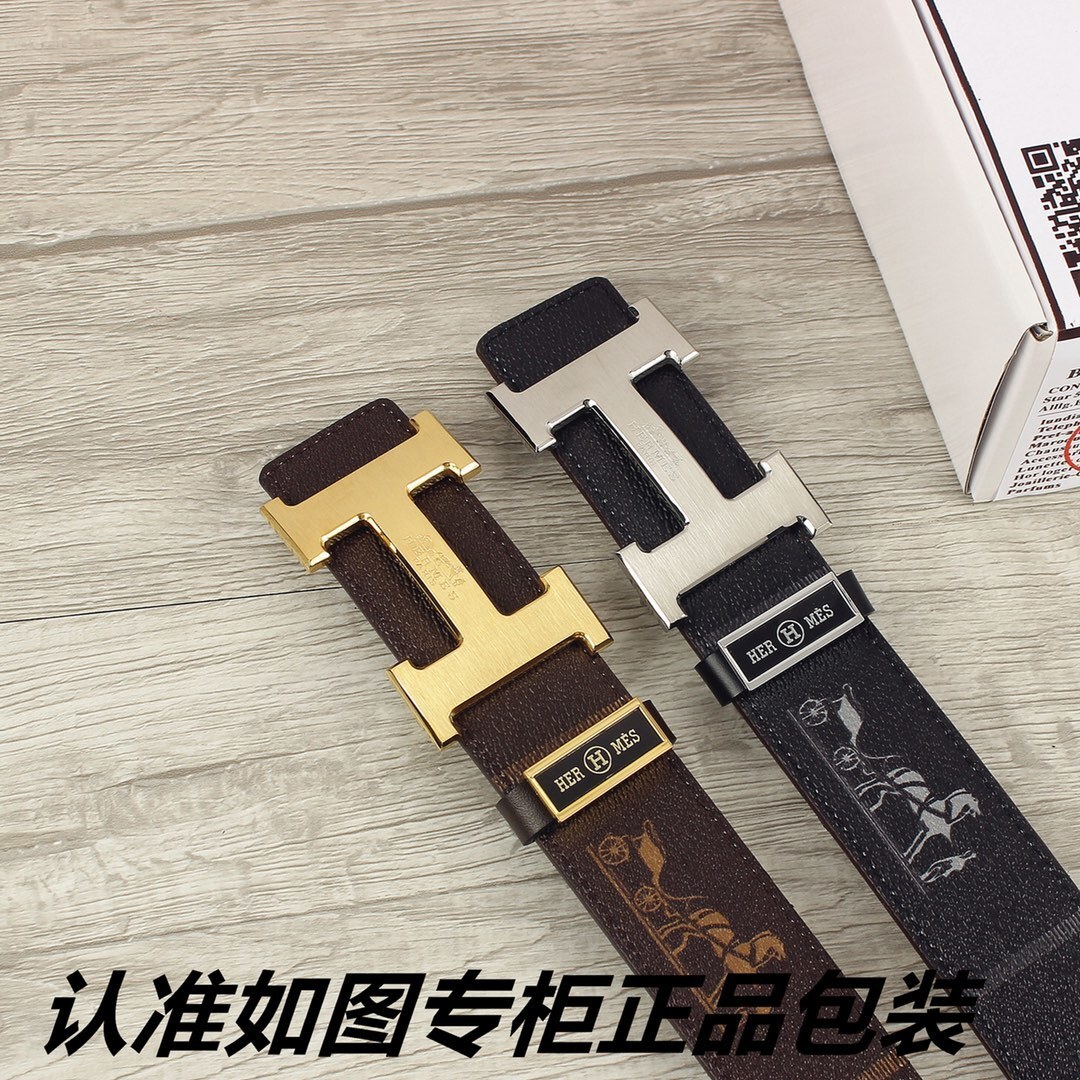 Luxury Men's Leather Belt with Iconic Silver H Buckle and Logo