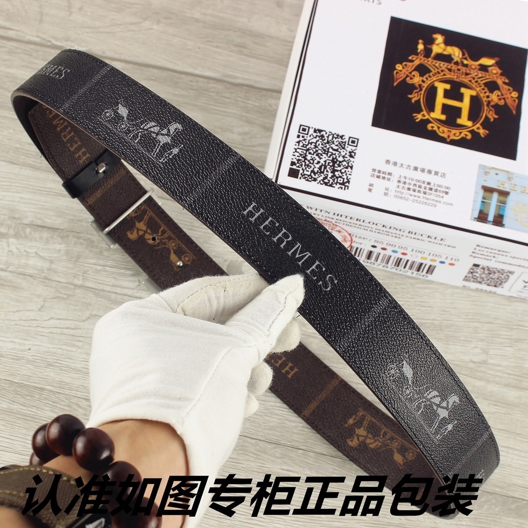 Luxury Men's Leather Belt with Iconic Silver H Buckle and Logo