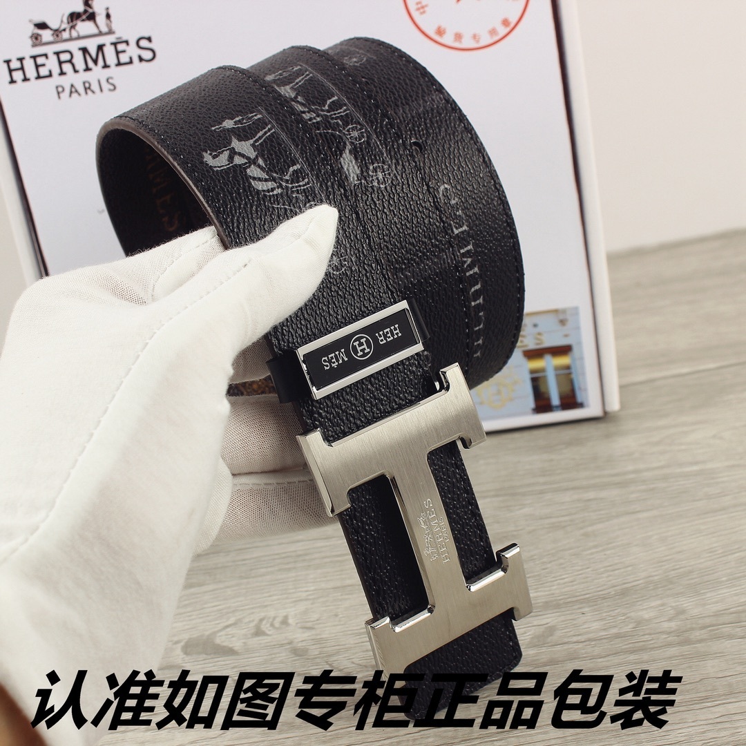 Luxury Men's Leather Belt with Iconic Silver H Buckle and Logo