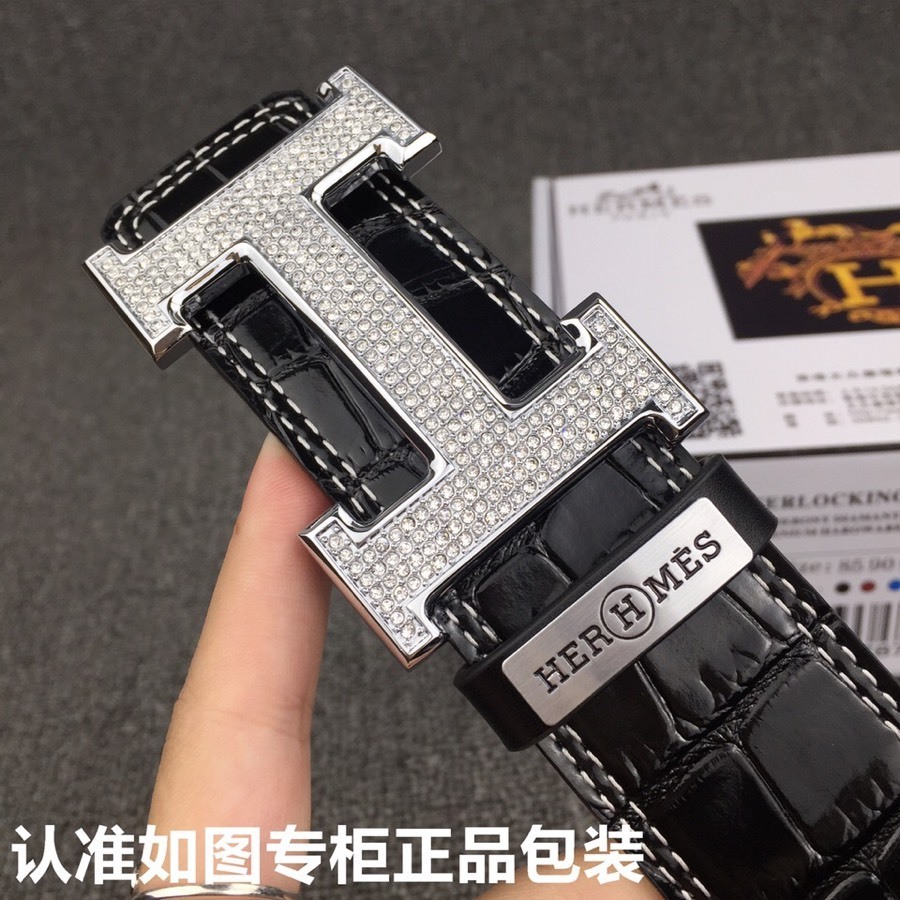 Luxury Men's Black Crocodile Leather Belt with Diamond H Buckle