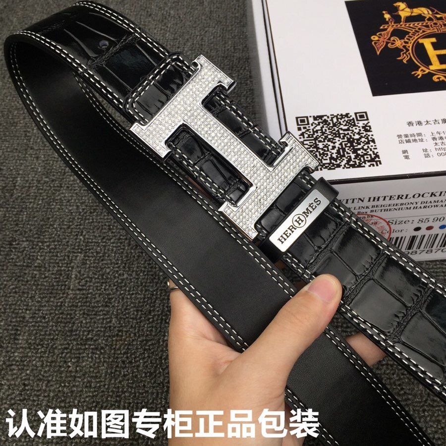 Luxury Men's Black Crocodile Leather Belt with Diamond H Buckle