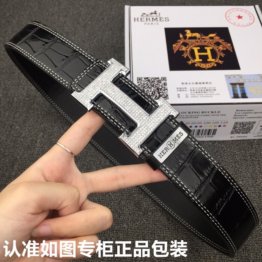 Luxury Men's Black Crocodile Leather Belt with Diamond H Buckle