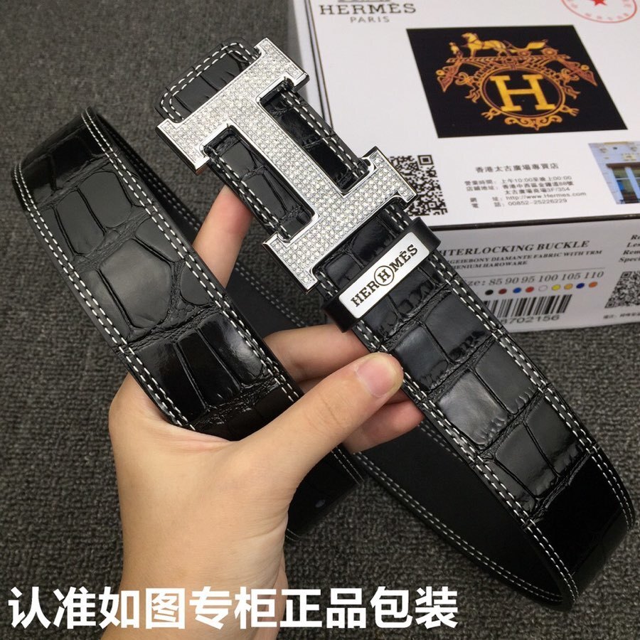 Luxury Men's Black Crocodile Leather Belt with Diamond H Buckle