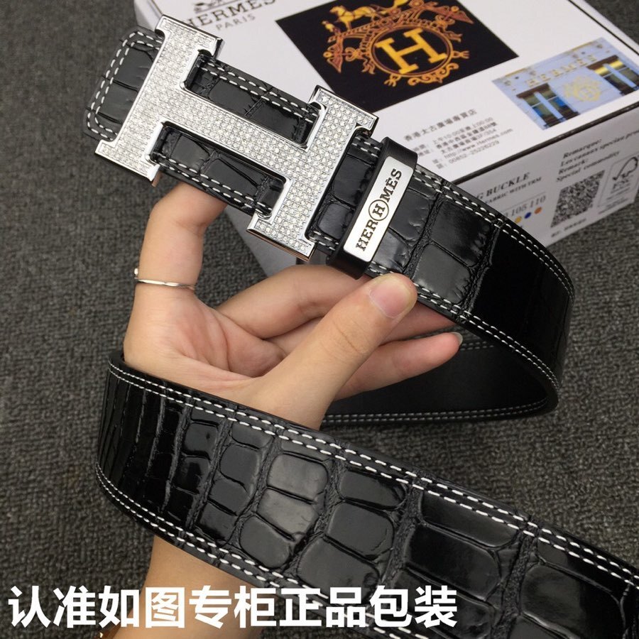Luxury Men's Black Crocodile Leather Belt with Diamond H Buckle