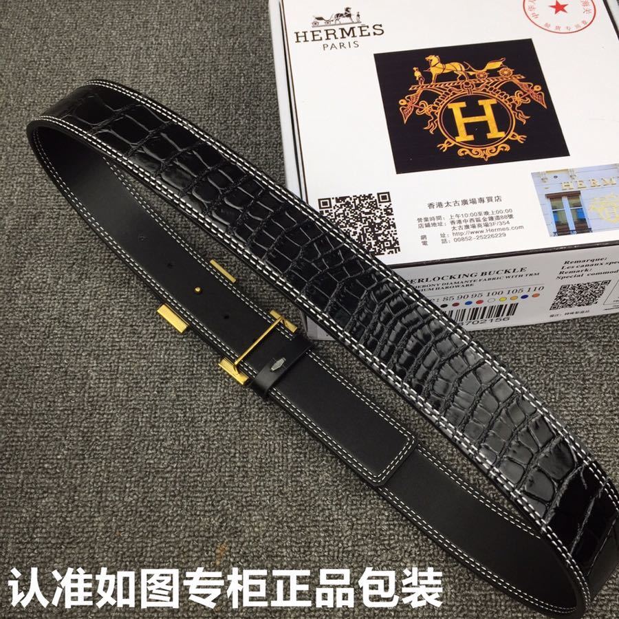 Luxury Men's Black Crocodile Leather Belt Gold Diamond H Buckle