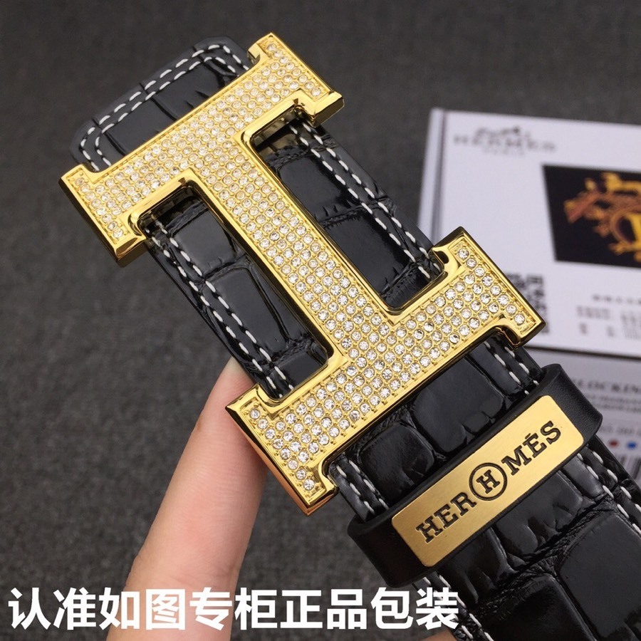 Luxury Men's Black Crocodile Leather Belt Gold Diamond H Buckle