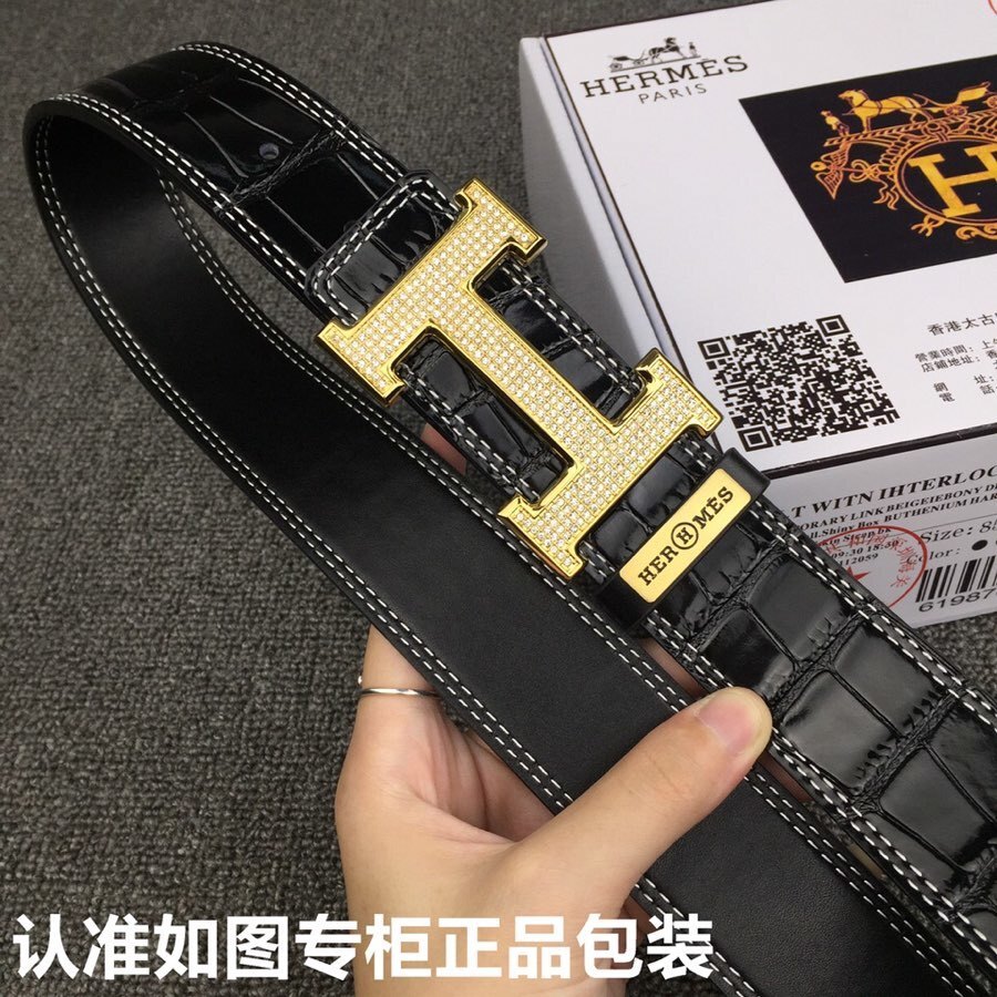 Luxury Men's Black Crocodile Leather Belt Gold Diamond H Buckle