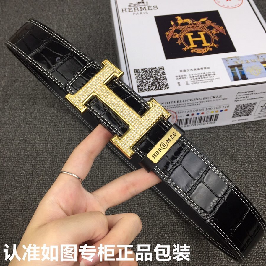 Luxury Men's Black Crocodile Leather Belt Gold Diamond H Buckle