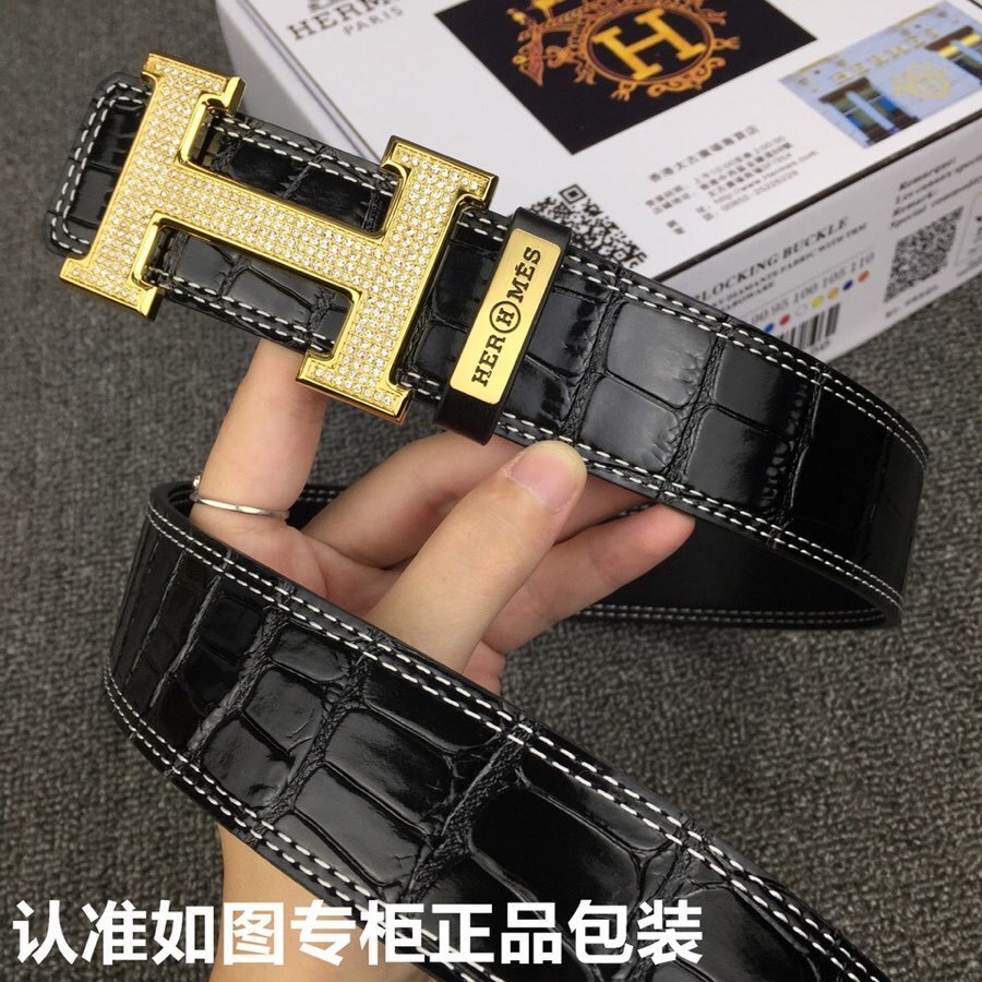 Luxury Men's Black Crocodile Leather Belt Gold Diamond H Buckle