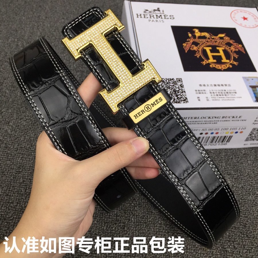 Luxury Men's Black Crocodile Leather Belt Gold Diamond H Buckle